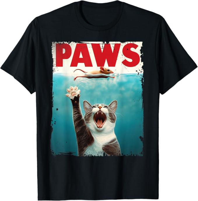 PAWS Parody Cat Mouse Humorous Cat Chasing Mouse Kitten T-Shirt