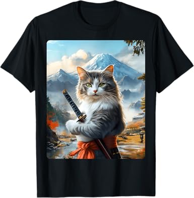 Samurai Cat T-Shirt for Men Women Girls Kids