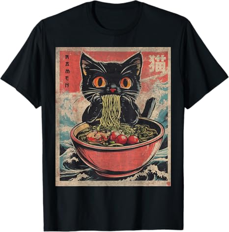 Unisex Anime Cat Ramen Japanese Funny Graphic Tees Kawaii Cat Anime Gifts T-Shirt Black